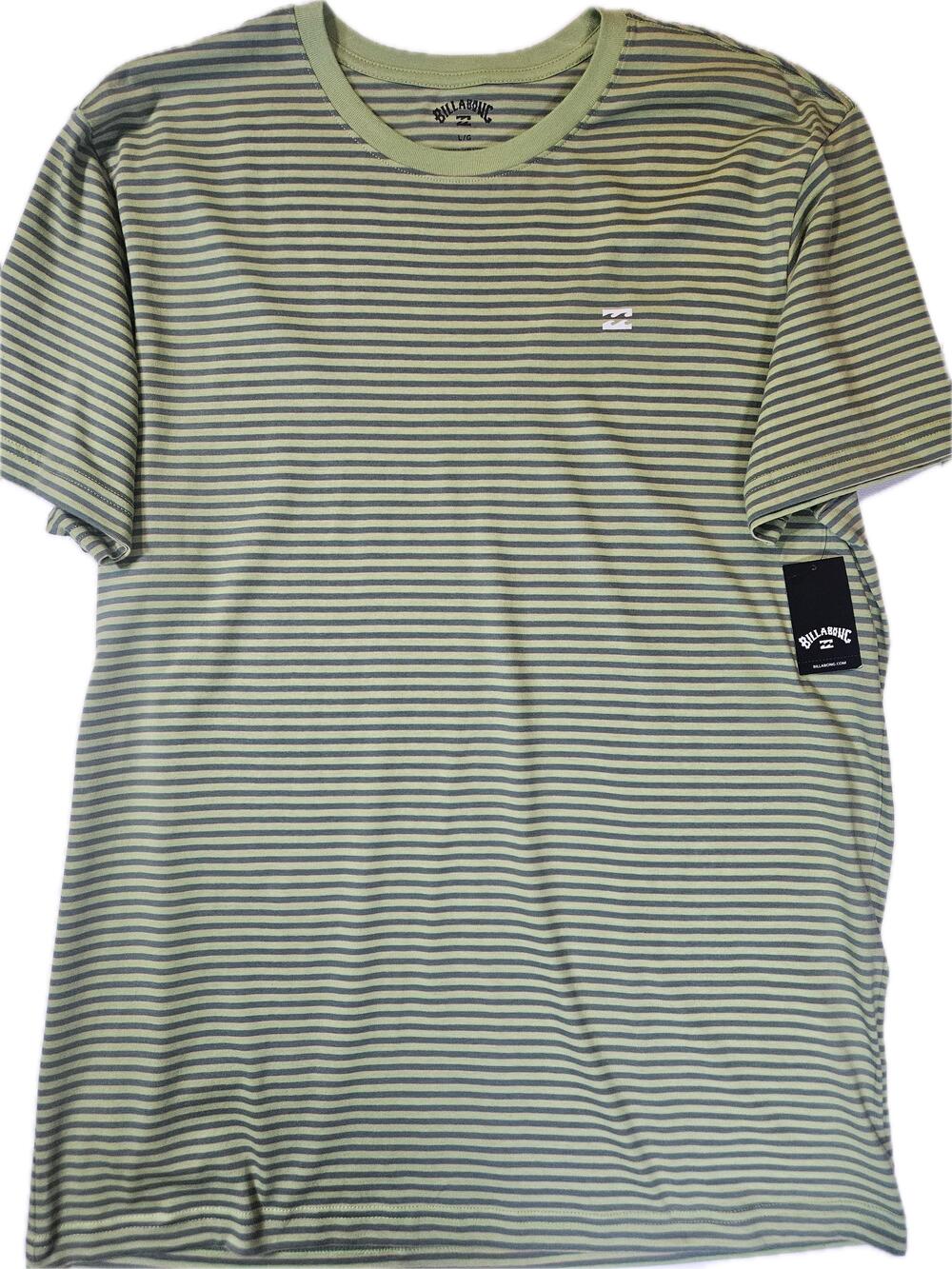 Billabong Shirt Mens L Green Striped Crewneck Tagless Logo Cotton Jersey